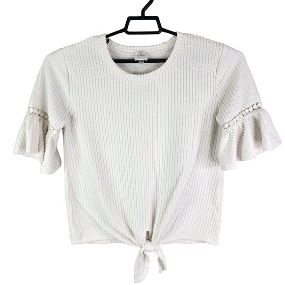 Women's Cupio White Knit Top With Ruffle Sleeves & Front Tie Round Neck Size M - Picture 1 of 11